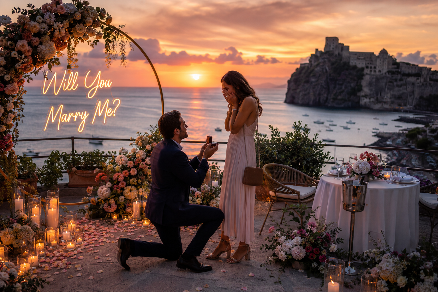 Romantic marriage proposal at sunset in Ischia overlooking the sea with luxury setup and candles